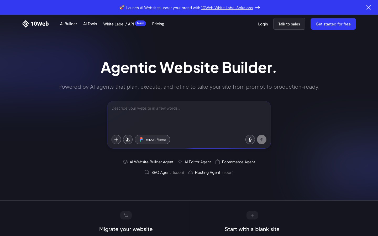 10Web agentic website builder homepage showing its AI prompt interface