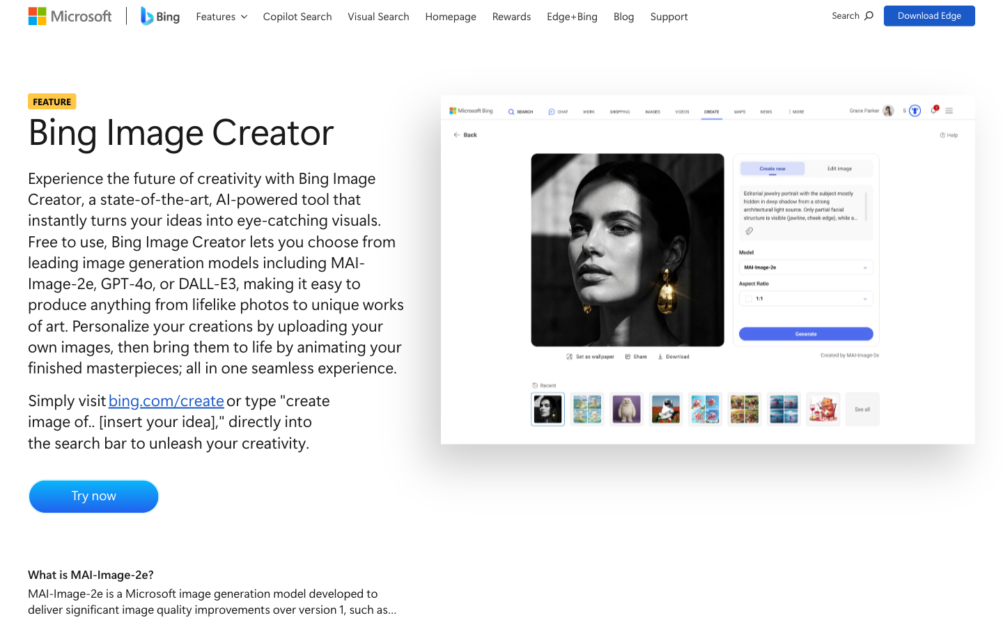 Official Microsoft Bing Image Creator feature page with a prompt-to-image interface example