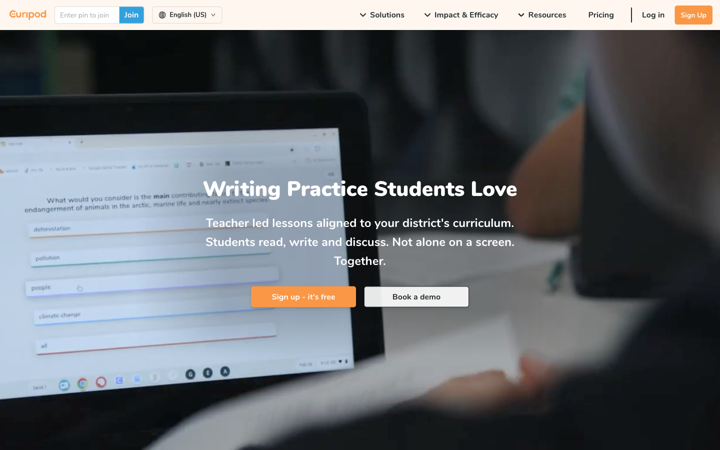 Curipod homepage showing its Writing Practice Students Love classroom lesson introduction