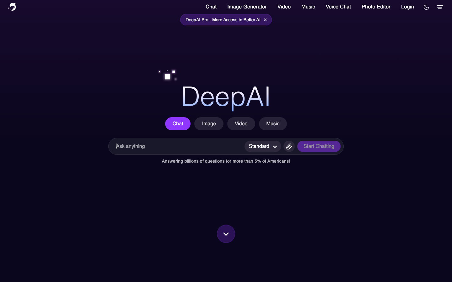 DeepAI homepage showing its chat and generative media interface