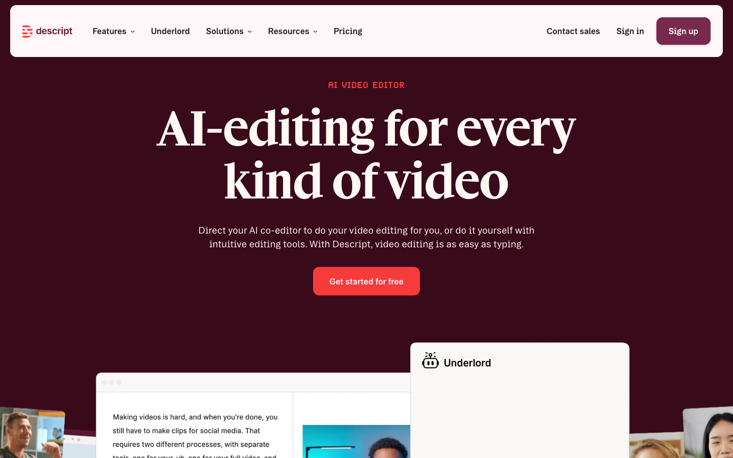 Descript homepage introducing its AI video editor and showing a product interface preview