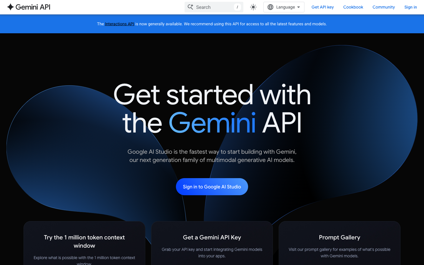 Google AI Studio overview page with the Get started with the Gemini API introduction and sign-in button