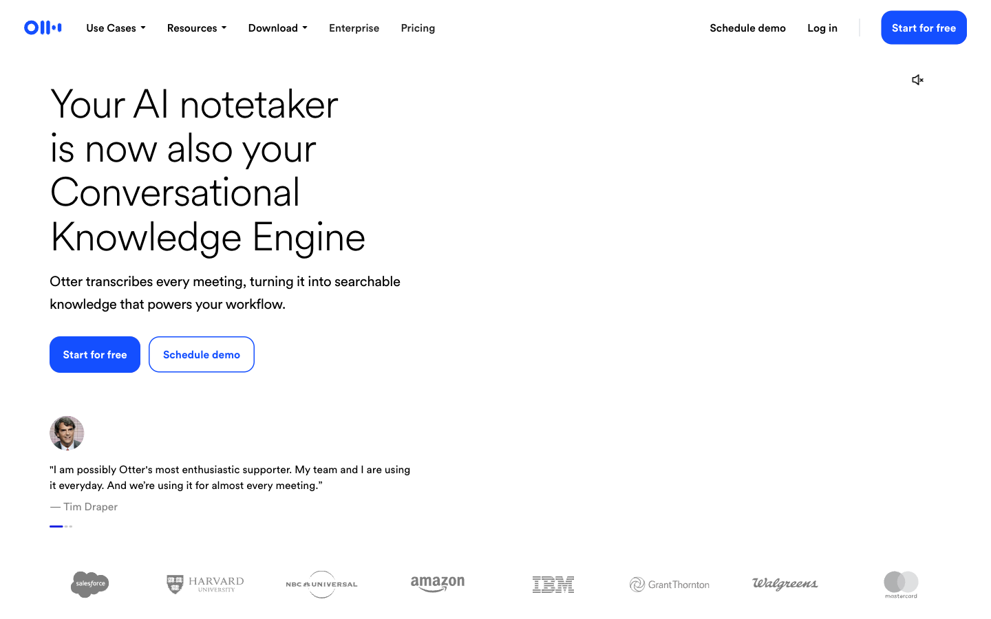 Otter AI homepage presenting its meeting transcription and conversational knowledge features