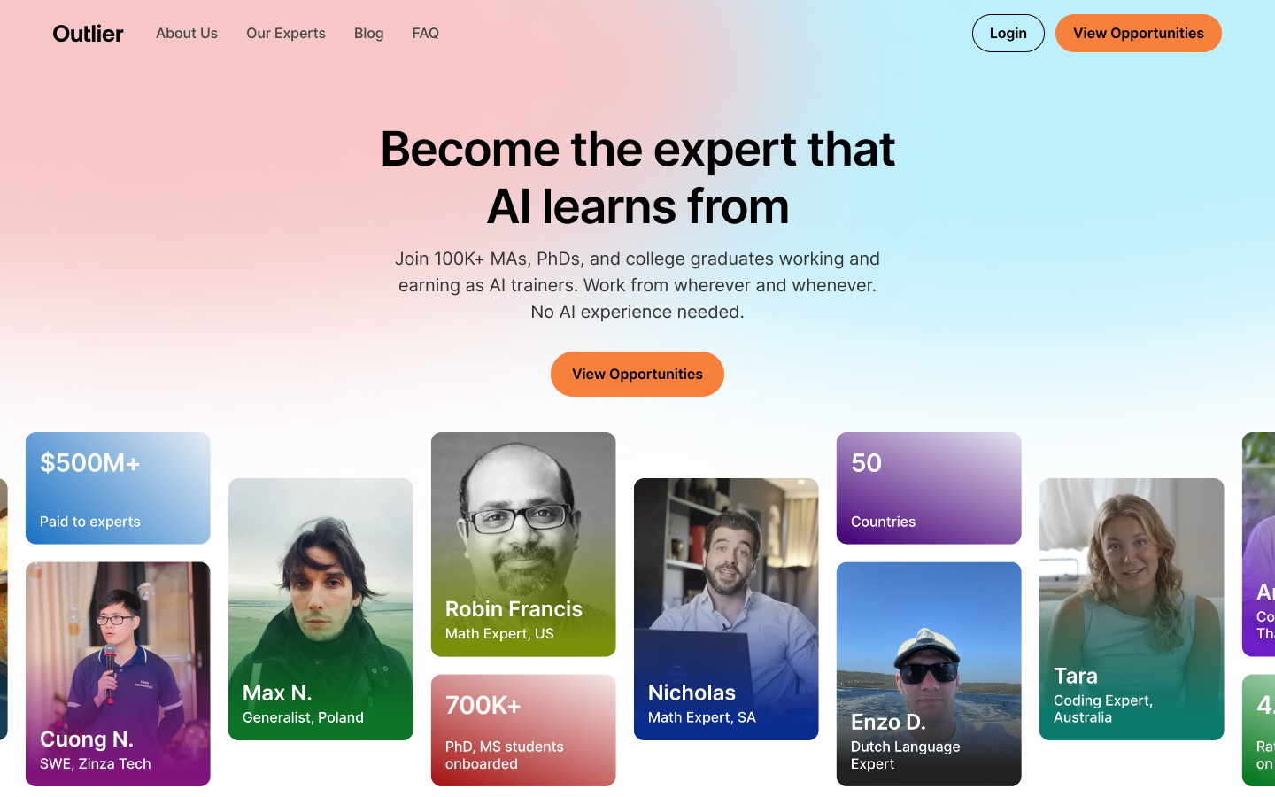 Outlier homepage inviting subject-matter experts to help train AI and showing contributor profiles