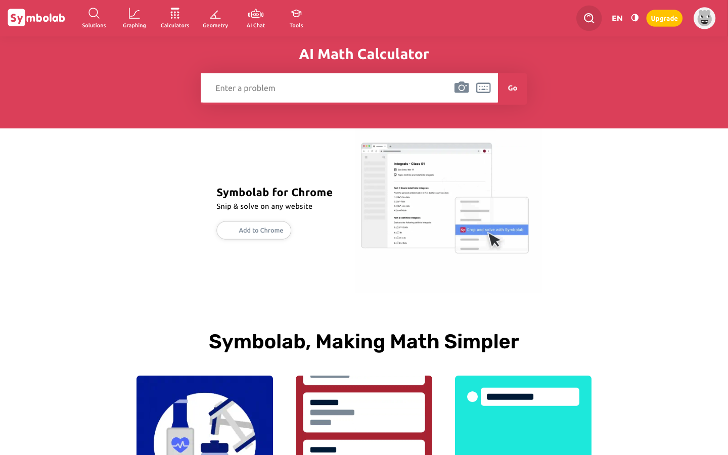 Symbolab homepage showing the AI Math Calculator input and Chrome extension preview