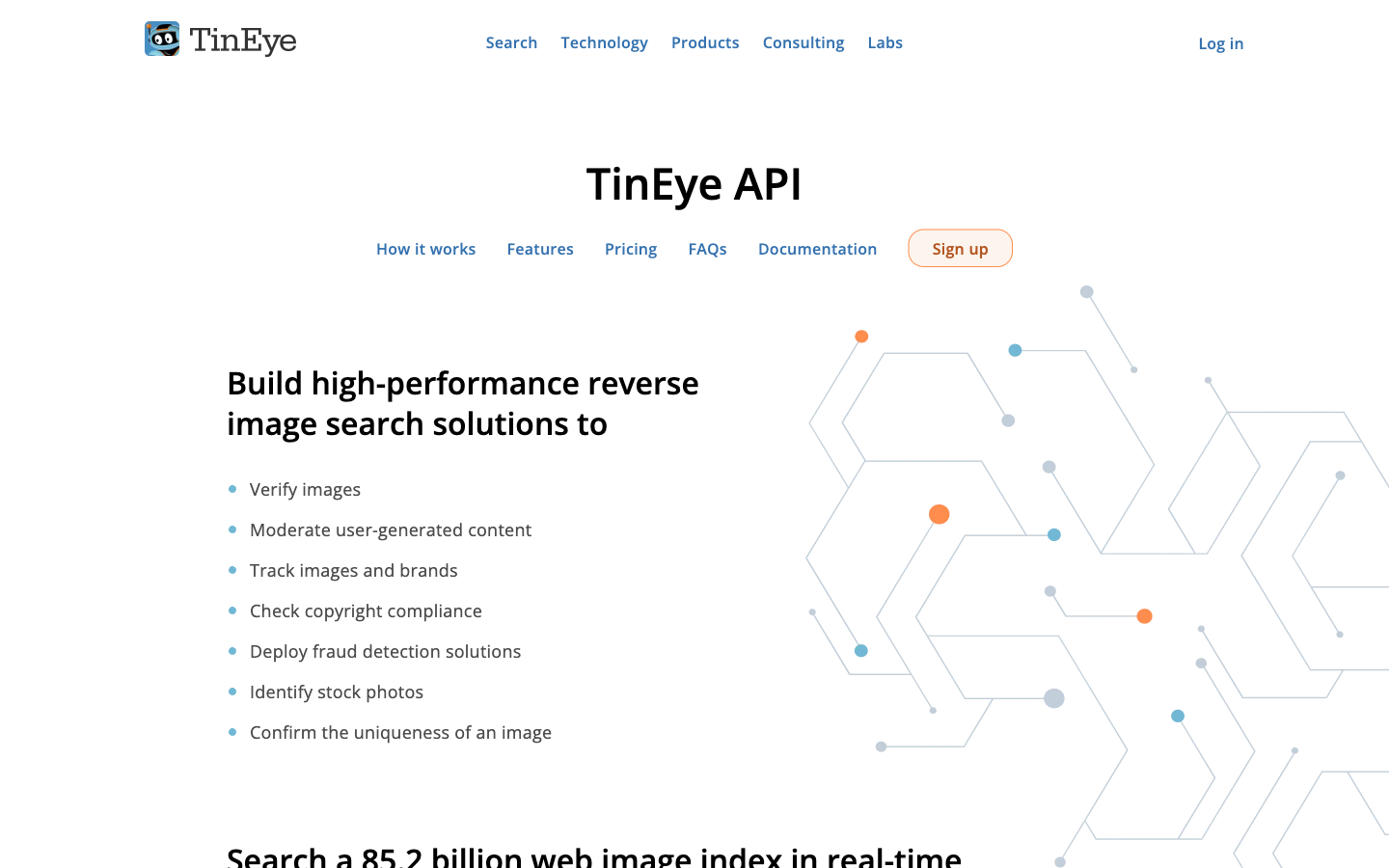 Official TinEye API page describing reverse image search, verification, moderation, and image tracking uses