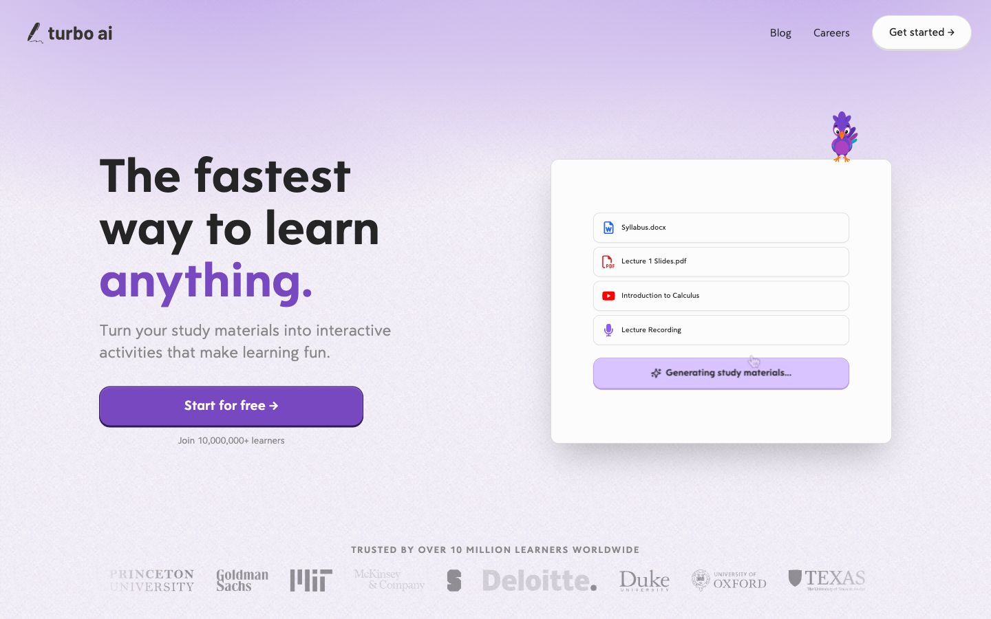 Turbo AI homepage showing study material uploads being converted into interactive learning activities