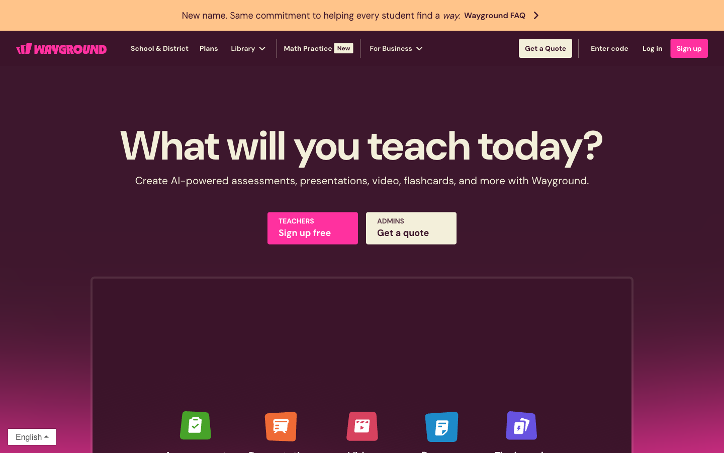 Wayground homepage showing the What will you teach today prompt and teacher sign-up controls